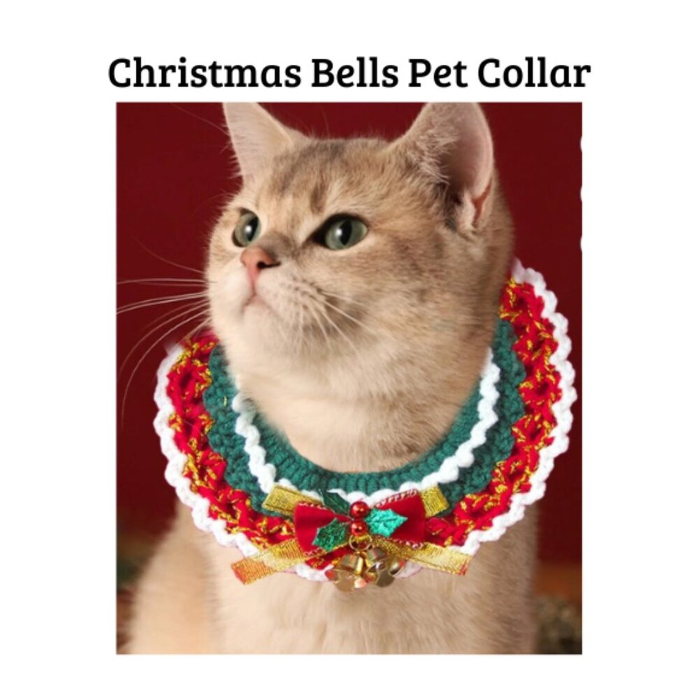 Crochet Christmas Pet Collar w/ Bells – Handmade Bib for Cats & Small Dogs (M)